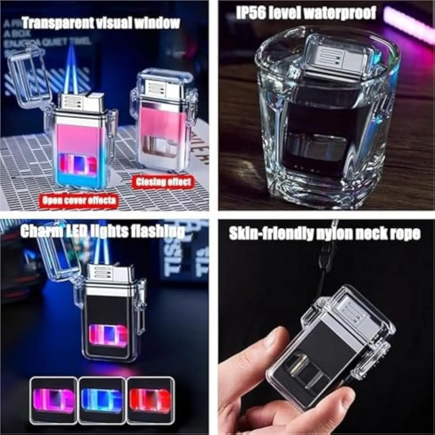 Windproof and Waterproof Butane Lighter, Dual Flame, Clear Air Window with LED Light, Suitable for BBQ, Candle, Camping(Red)