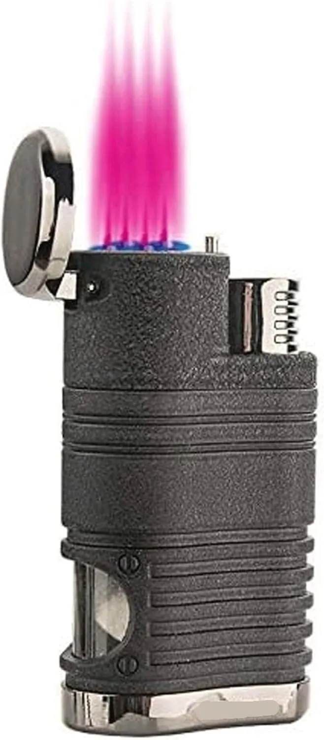 Windproof Butane Cigar Lighter, Quadruple Red Flame, Visible Compartment, Multi-Function,for Outdoor Camping Gifts(Black)