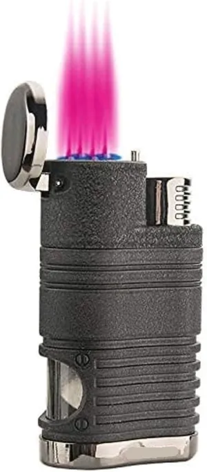Windproof Butane Cigar Lighter, Quadruple Red Flame, Visible Compartment, Multi-Function,for Outdoor Camping Gifts(Black)