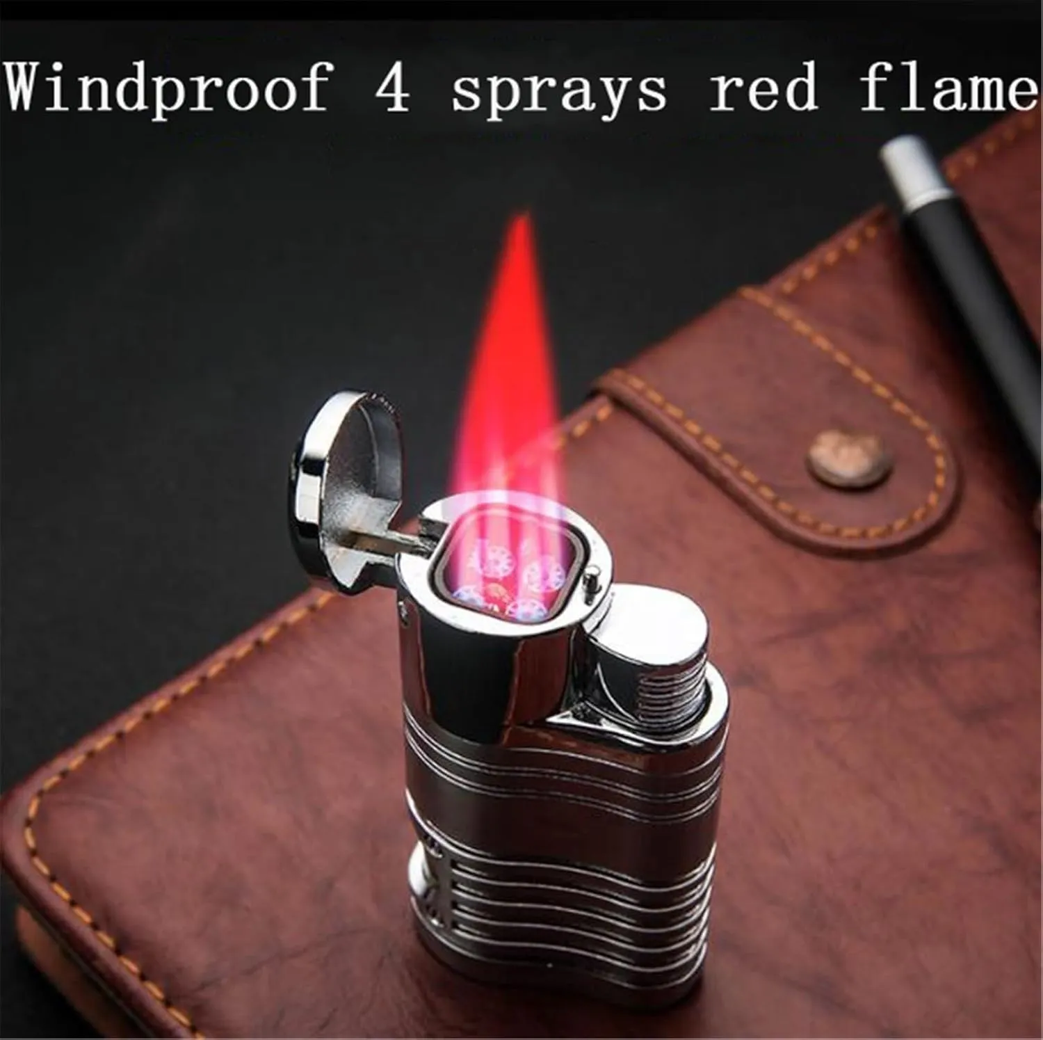 Windproof Butane Cigar Lighter, Quadruple Red Flame, Visible Compartment, Multi-Function,for Outdoor Camping Gifts(Black)