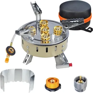 Windproof Camping Stove Lightweight Portable Camping Gas Stove with Piezo Ignition, Two Fuel Canister Adapter,Windshield, EVA Carry Case for Outdoor Cooking Backpacking Hiking and Picnic
