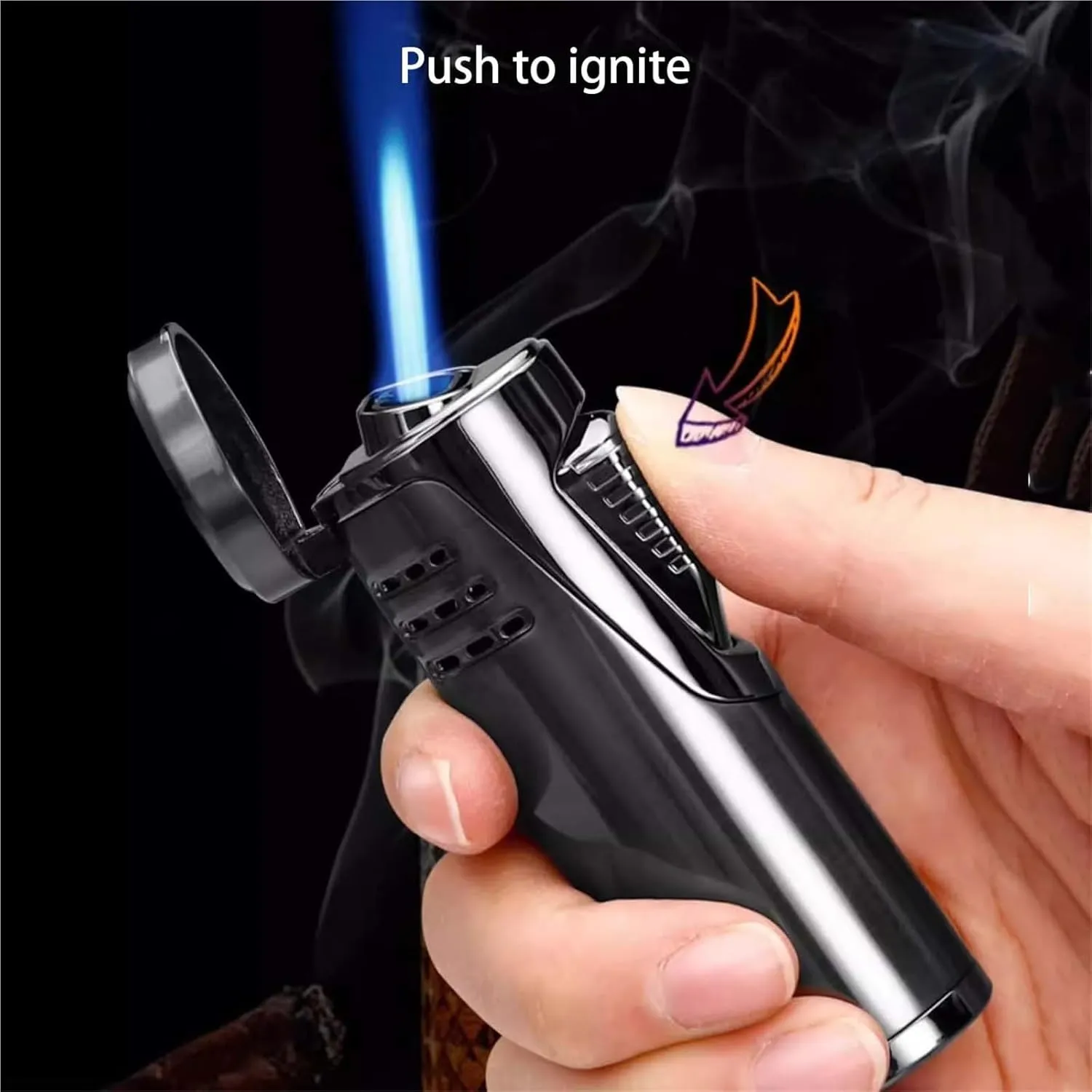 Windproof Straight Dual Fire Blue Flame Lighter, Cigar Lighter, Visible Fuel Window, Adjustable Flame Size, Refillable Butane Gas, Suitable for Cigars, Camping, Bonfire, BBQ, Men's Gift. (2 Pack)(D)
