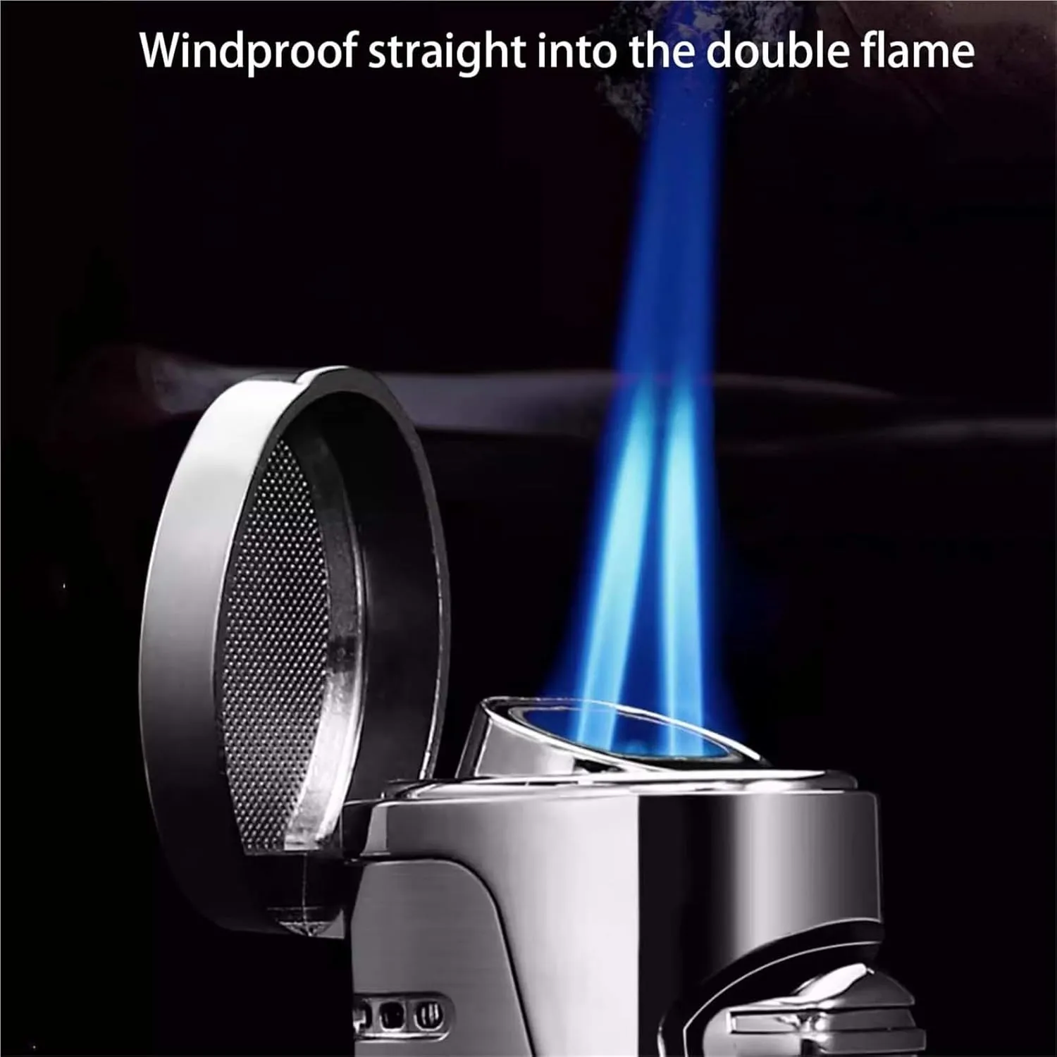 Windproof Straight Dual Fire Blue Flame Lighter, Cigar Lighter, Visible Fuel Window, Adjustable Flame Size, Refillable Butane Gas, Suitable for Cigars, Camping, Bonfire, BBQ, Men's Gift. (2 Pack)(D)
