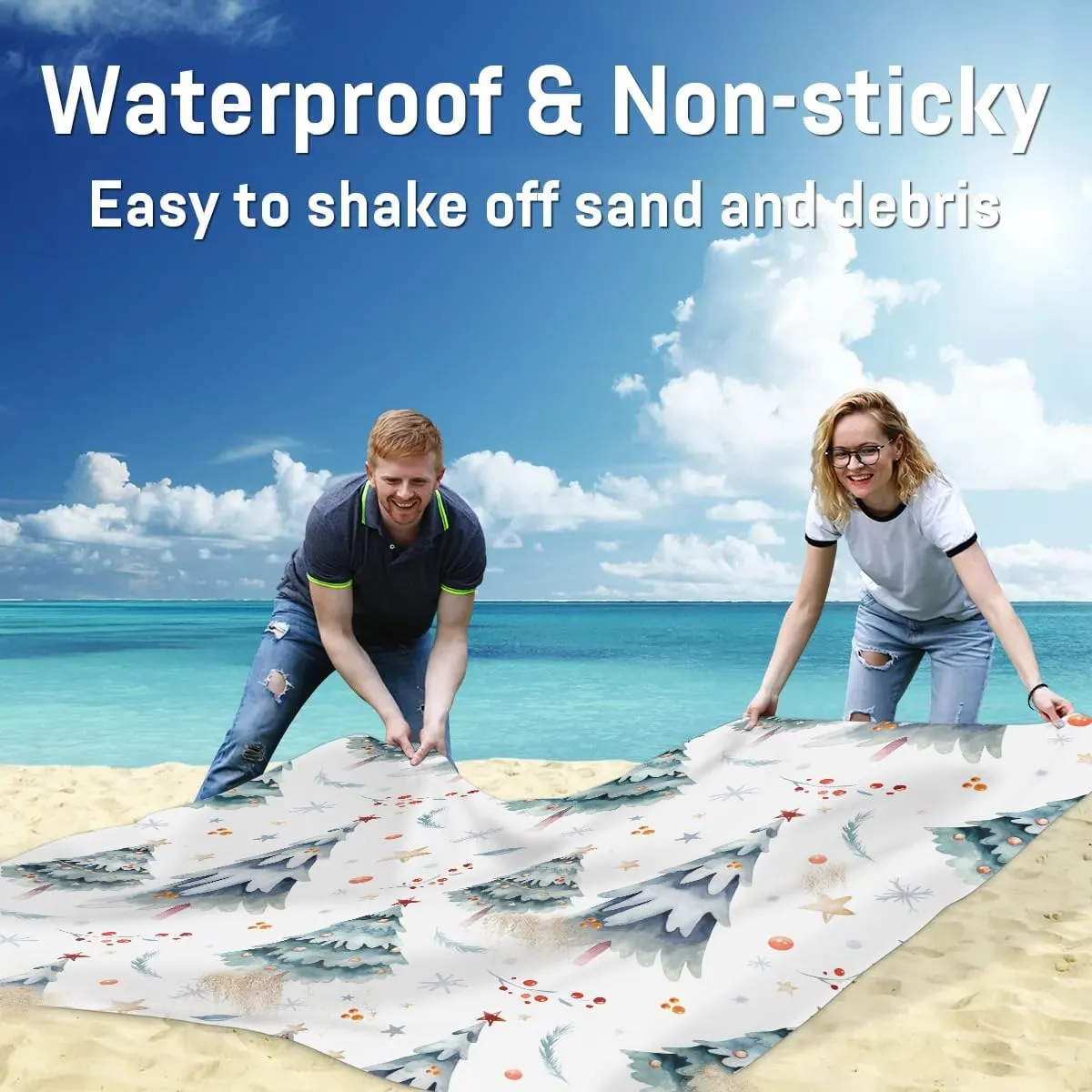 Winter Pine Tree Beach Blanket, Sandproof Beach Mat, 68 x 59 Waterproof Quick Drying Sand Free Mat with 4 x Ground Spikes for Outdoor Travel Camping Hiking, Christmas