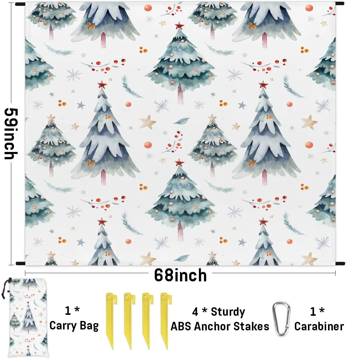 Winter Pine Tree Beach Blanket, Sandproof Beach Mat, 68 x 59 Waterproof Quick Drying Sand Free Mat with 4 x Ground Spikes for Outdoor Travel Camping Hiking, Christmas