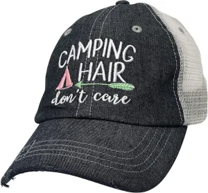 Womens Camping Hair Don't Care Adjustable Ponytail Distressed Hat | Camping Hat Dark Grey