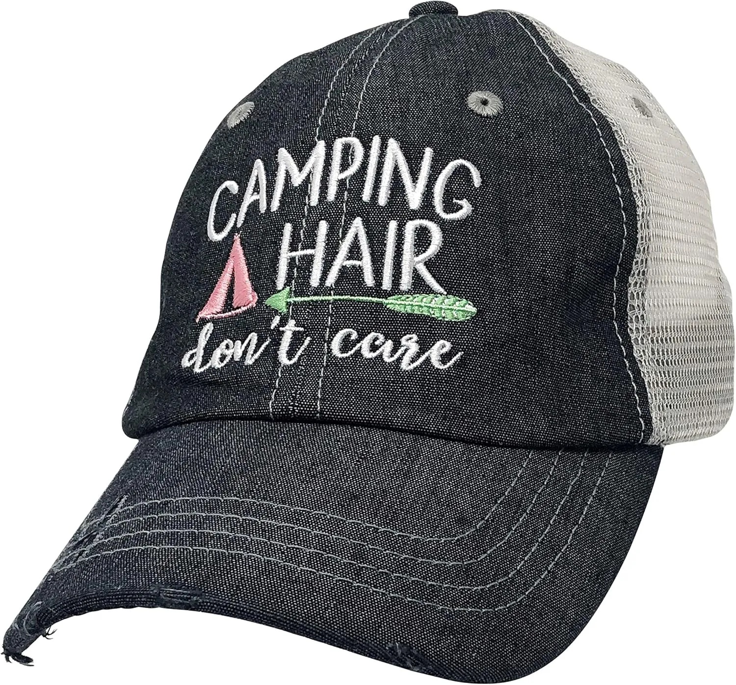 Womens Camping Hair Don't Care Adjustable Ponytail Distressed Hat | Camping Hat Dark Grey
