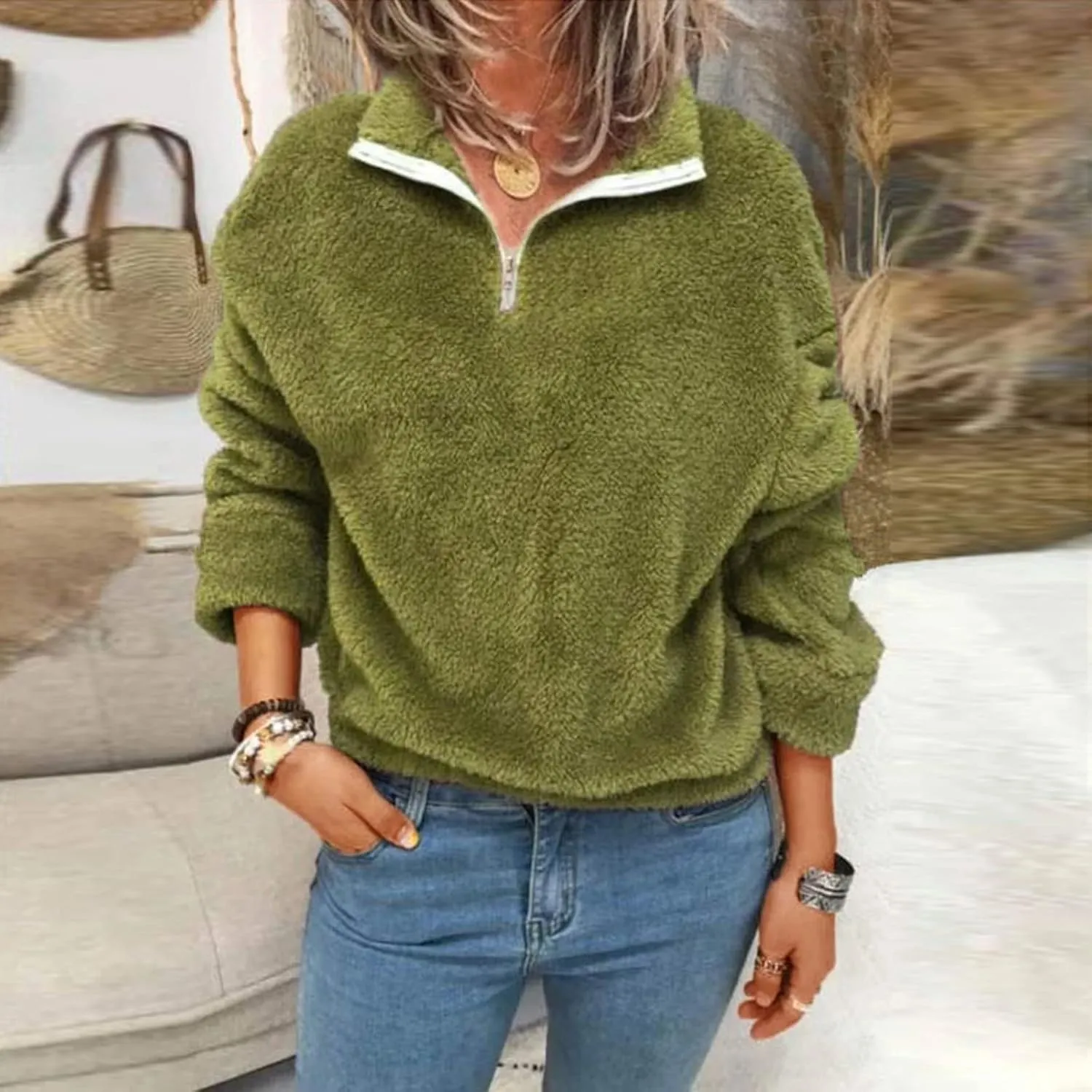 Womens Double Fuzzy Sweatshirt Winter Solid Zipper Pullover Collar Plush Sweaters Loose Casual Sherpa Tops