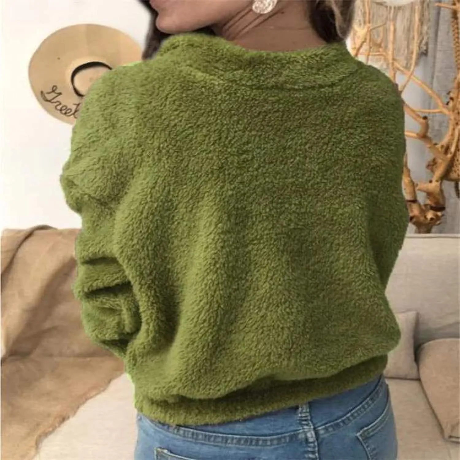 Womens Double Fuzzy Sweatshirt Winter Solid Zipper Pullover Collar Plush Sweaters Loose Casual Sherpa Tops