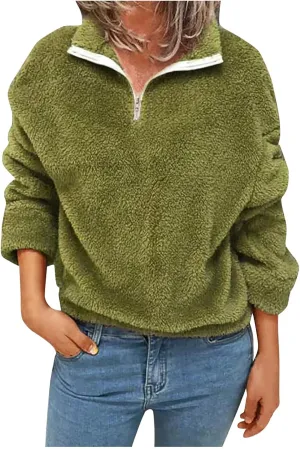 Womens Double Fuzzy Sweatshirt Winter Solid Zipper Pullover Collar Plush Sweaters Loose Casual Sherpa Tops