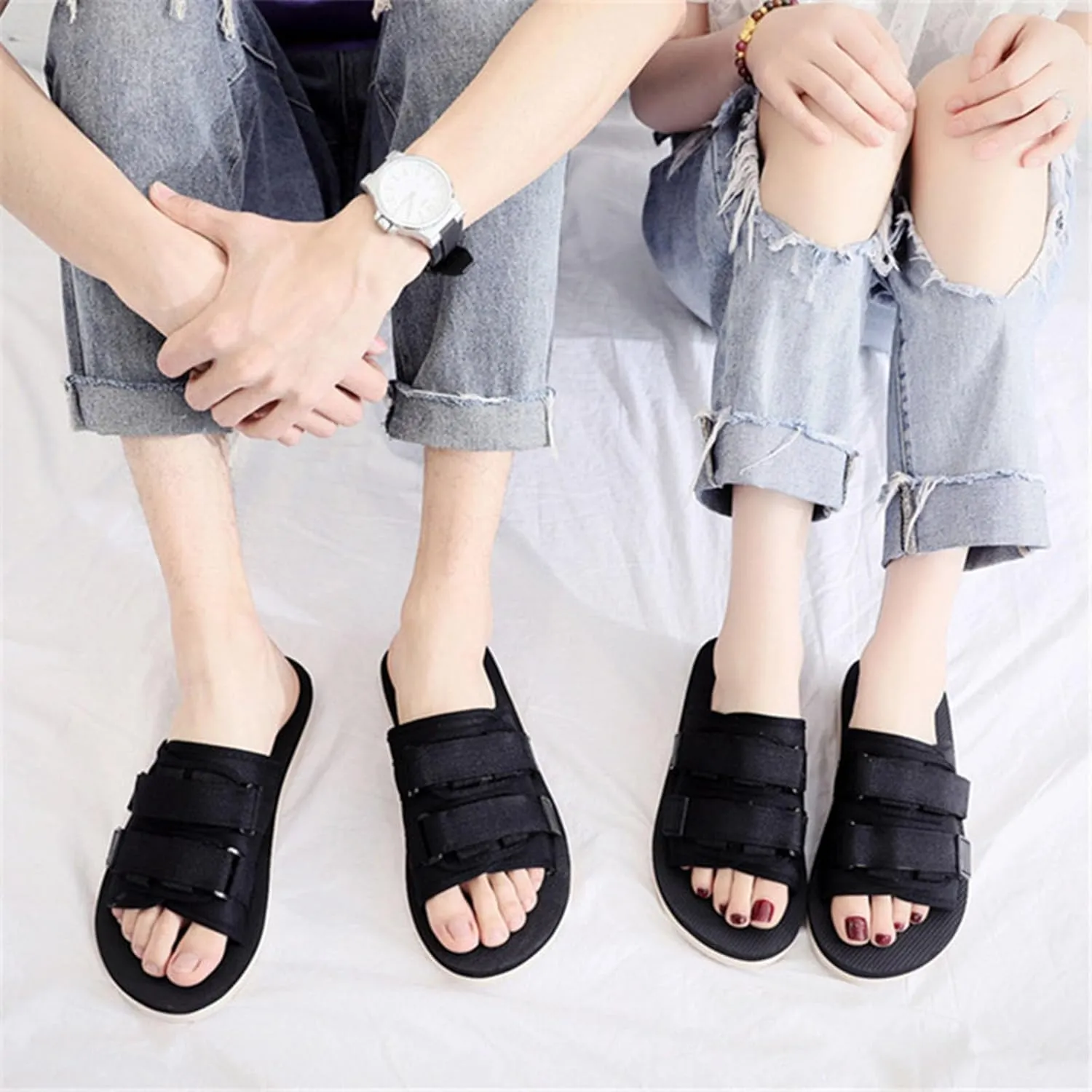 Women's Hook and Loop Slipper Solid High Elastic Casual Sandal Anti-Slip Strappy Beach Slide Open Toe Slip on Sandals