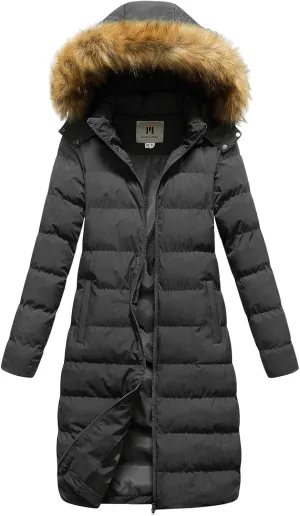 Womens Long Parka Coat With Removable Faux Fur Hood Plus Size Jacket Winter Padded Thicken Puffer Coat