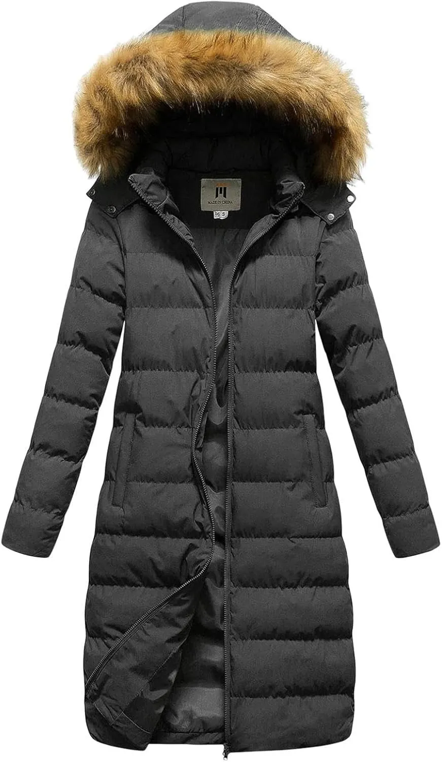 Womens Long Parka Coat With Removable Faux Fur Hood Plus Size Jacket Winter Padded Thicken Puffer Coat