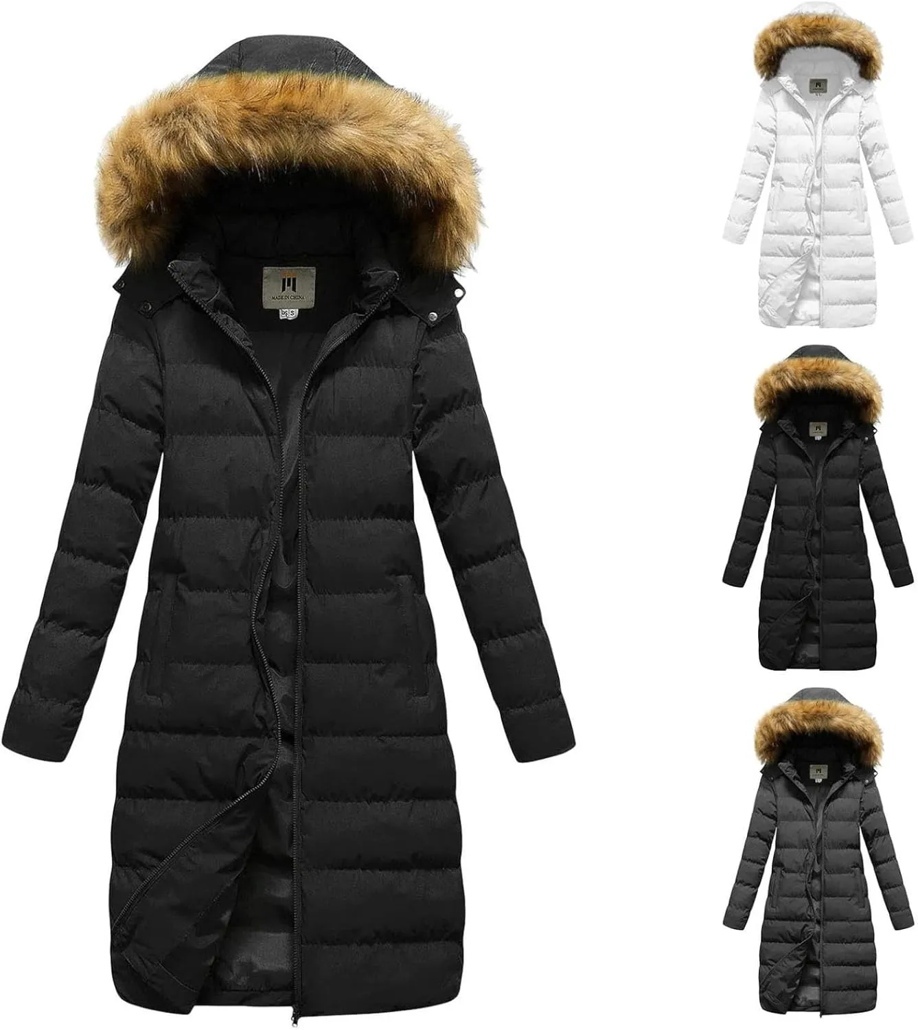 Womens Long Parka Coat With Removable Faux Fur Hood Plus Size Jacket Winter Padded Thicken Puffer Coat
