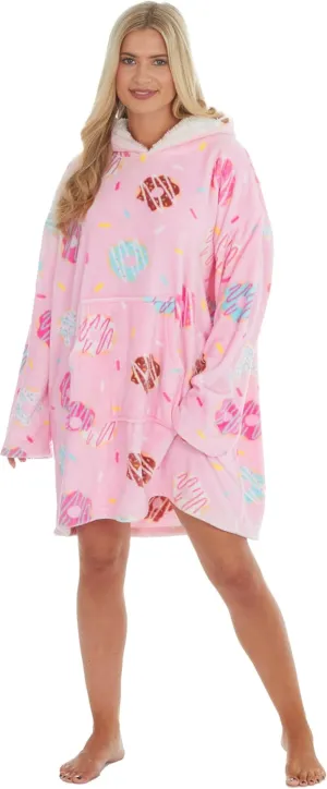 Womens Oversized Hoodie with Novelty Print Fleece Wearable Blanket