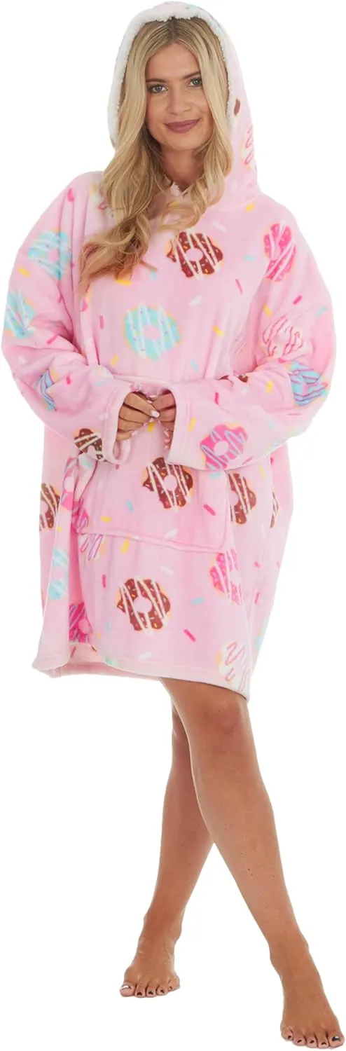 Womens Oversized Hoodie with Novelty Print Fleece Wearable Blanket