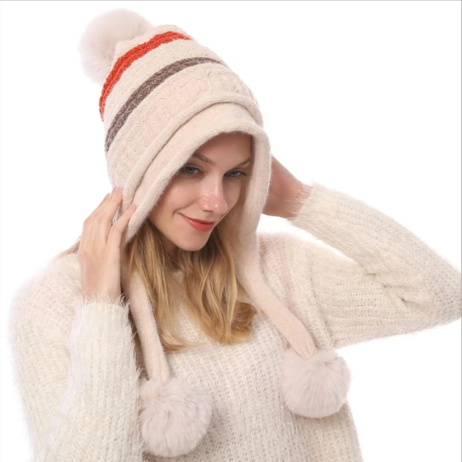 Women's Stripes Heated Hat Ladies Fleece Caps USB Rechargeable Heating Hats Earmuff Snow Hats Beanie Scarf Knitted Hat