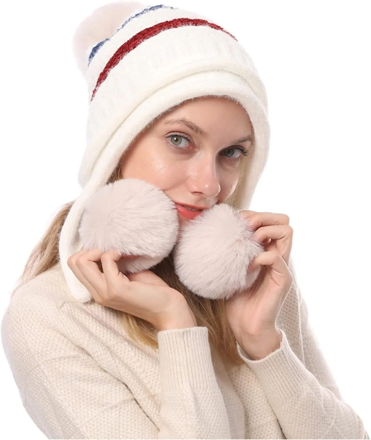 Women's Stripes Heated Hat Ladies Fleece Caps USB Rechargeable Heating Hats Earmuff Snow Hats Beanie Scarf Knitted Hat