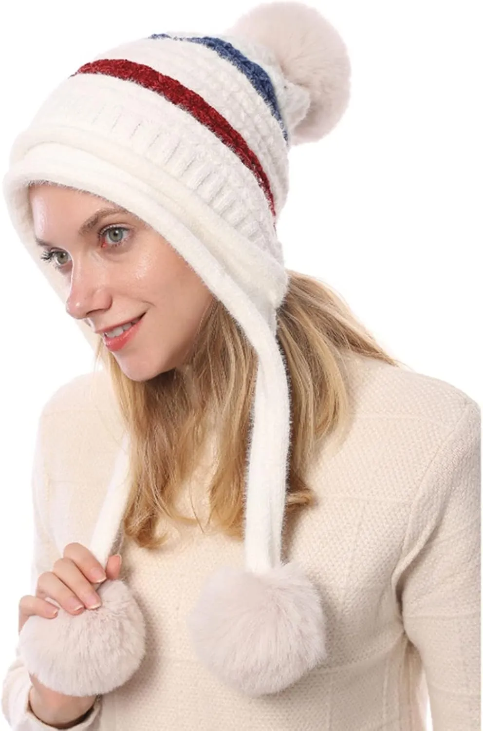 Women's Stripes Heated Hat Ladies Fleece Caps USB Rechargeable Heating Hats Earmuff Snow Hats Beanie Scarf Knitted Hat