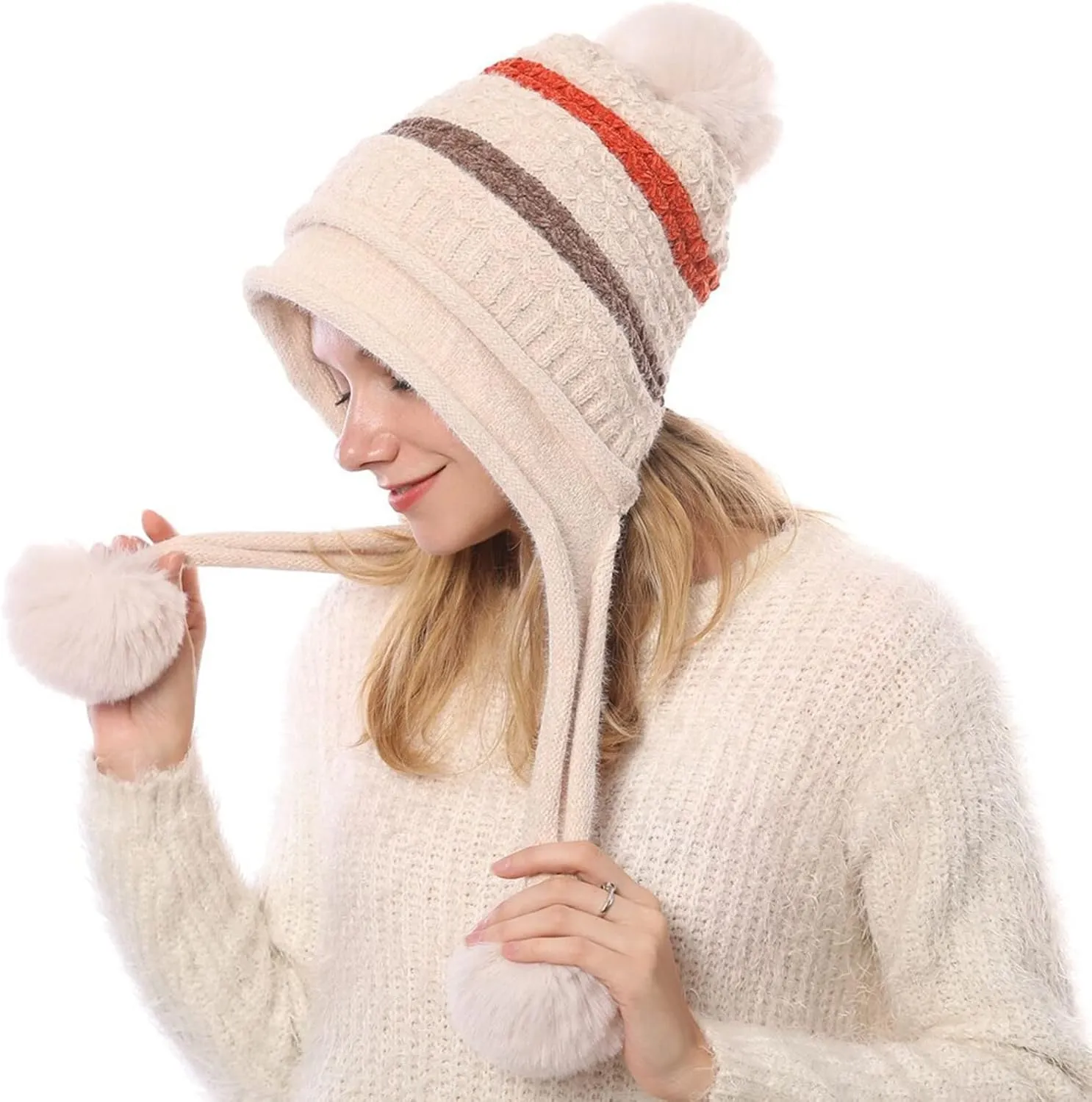 Women's Stripes Heated Hat Ladies Fleece Caps USB Rechargeable Heating Hats Earmuff Snow Hats Beanie Scarf Knitted Hat