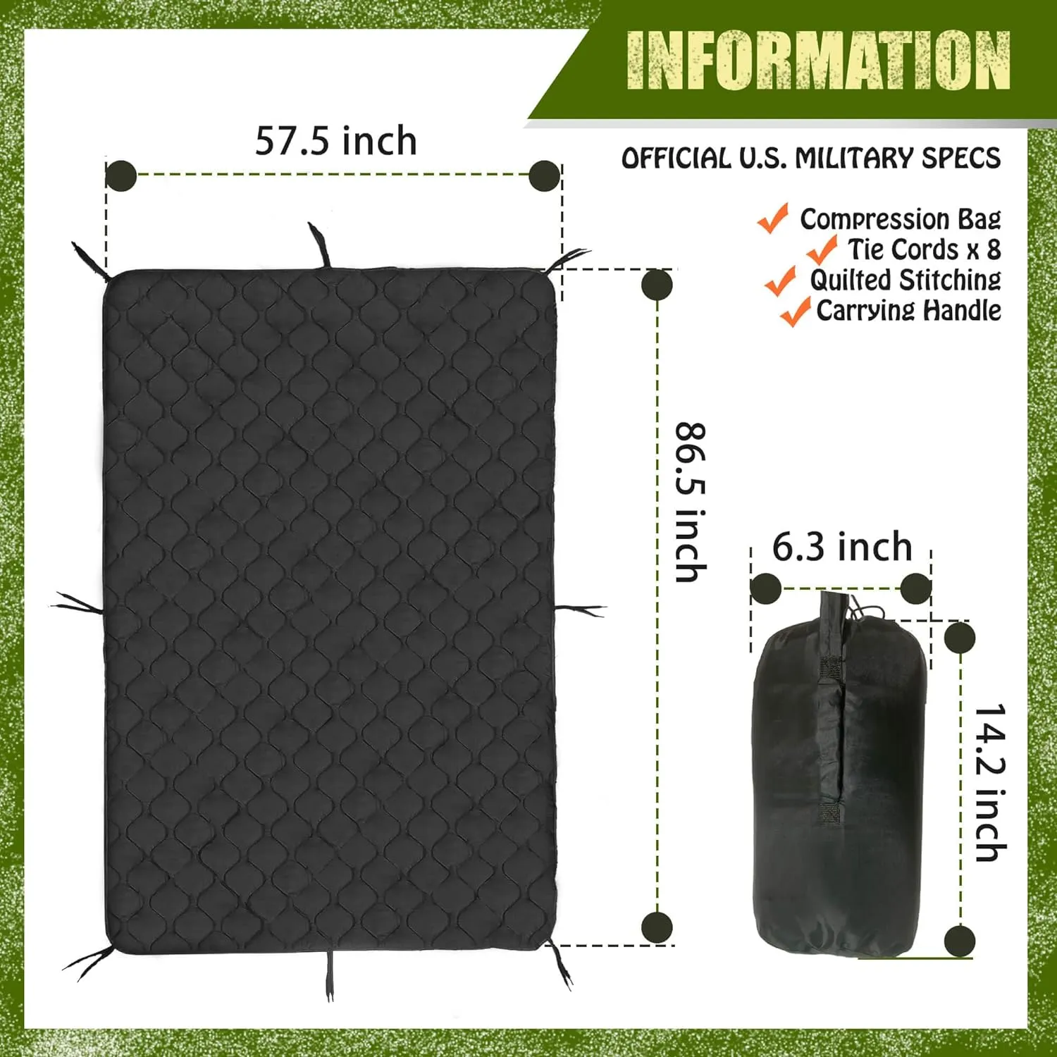 Woobie Blanket, Thermal Insulated Military Poncho Liner, Water-Resistant, Portable, Insulation, for Hiking, Survival with Compression Carry Bag (Black)