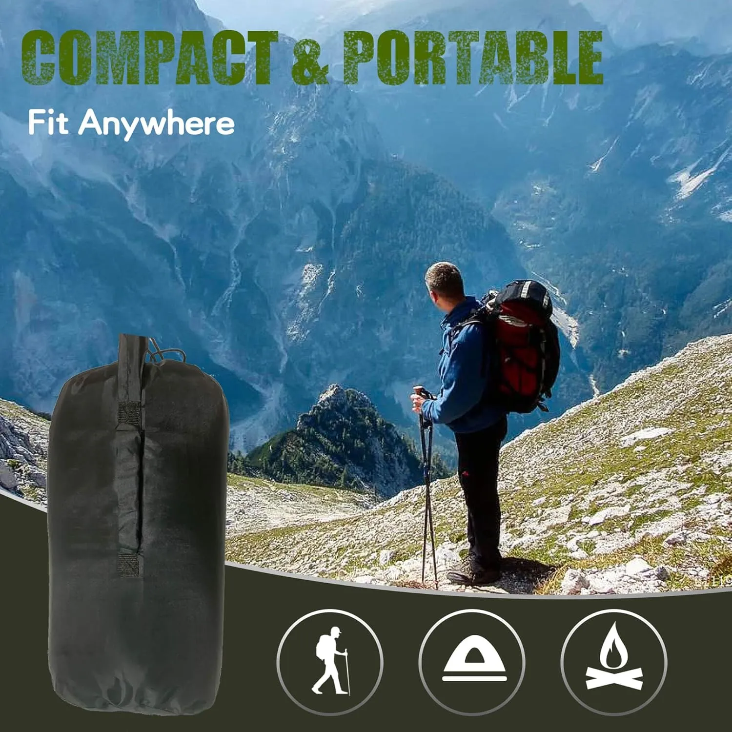 Woobie Blanket, Thermal Insulated Military Poncho Liner, Water-Resistant, Portable, Insulation, for Hiking, Survival with Compression Carry Bag (Black)