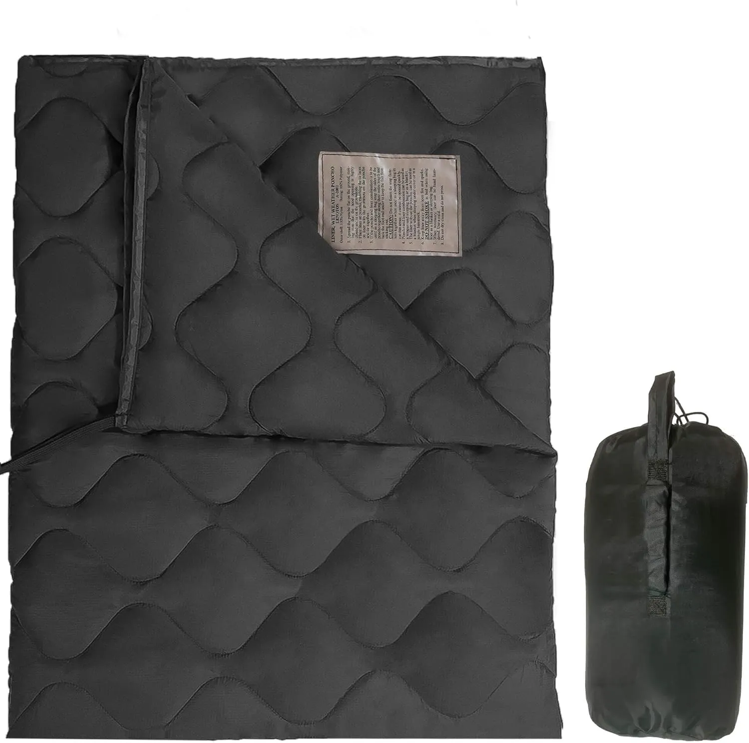 Woobie Blanket, Thermal Insulated Military Poncho Liner, Water-Resistant, Portable, Insulation, for Hiking, Survival with Compression Carry Bag (Black)