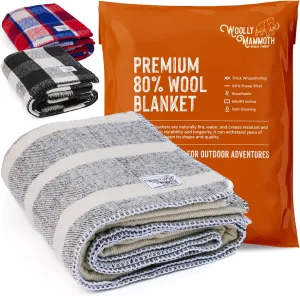 Woolly Mammoth Merino Wool Blanket- 66" x 90" 4 lbs Thick, Outdoor/Indoor Throw for Campfire, Picnic, Beach, Home, Van Life, Heavy Duty Insulating Sleep Plaid, Twin Size Bed, Navy/Cream Stripe Design