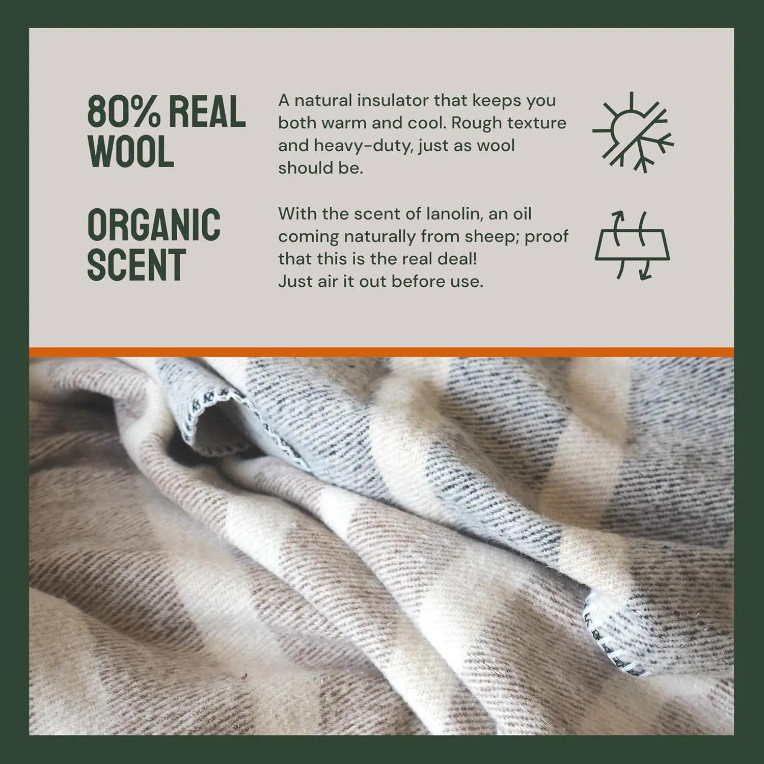 Woolly Mammoth Merino Wool Blanket- 66" x 90" 4 lbs Thick, Outdoor/Indoor Throw for Campfire, Picnic, Beach, Home, Van Life, Heavy Duty Insulating Sleep Plaid, Twin Size Bed, Navy/Cream Stripe Design