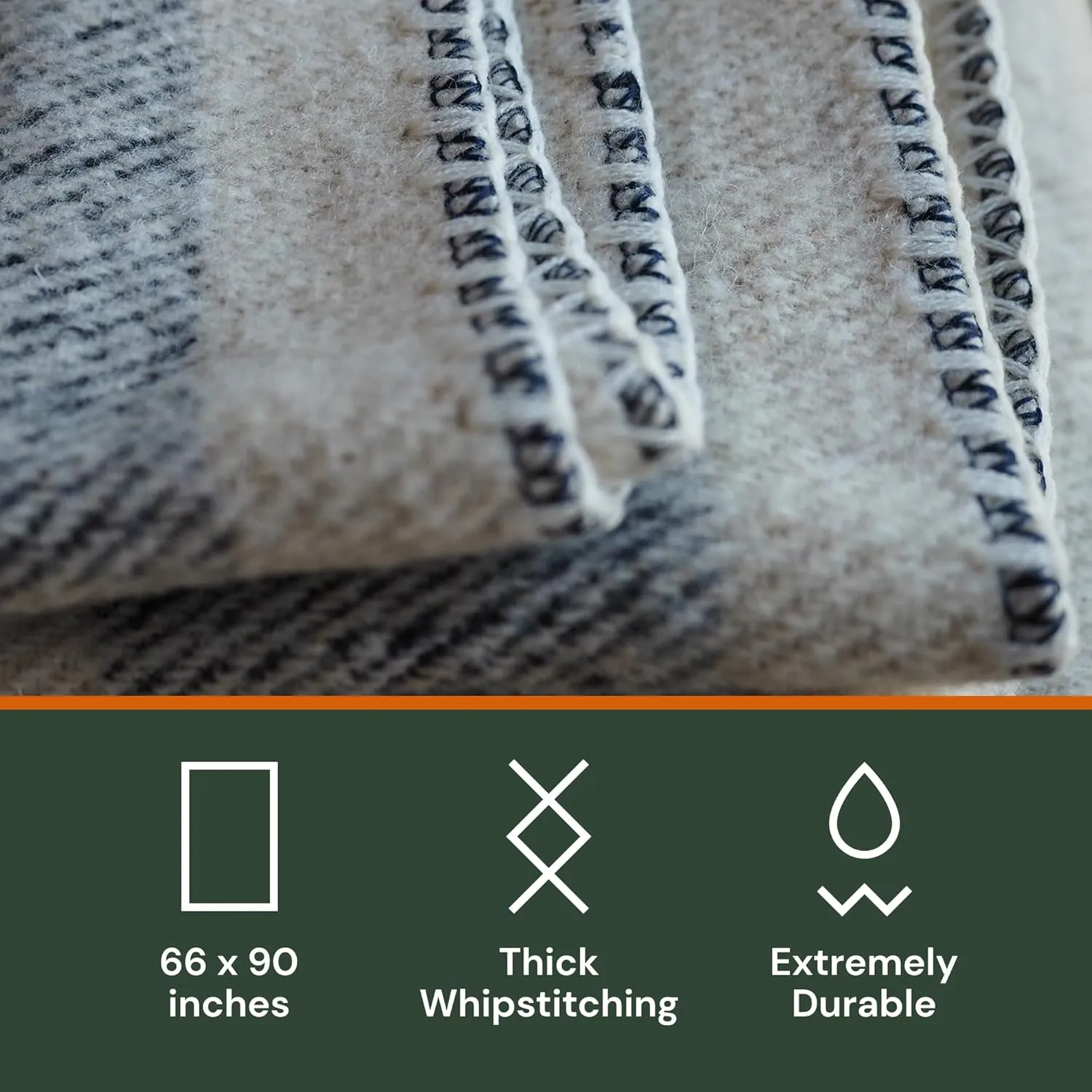 Woolly Mammoth Merino Wool Blanket- 66" x 90" 4 lbs Thick, Outdoor/Indoor Throw for Campfire, Picnic, Beach, Home, Van Life, Heavy Duty Insulating Sleep Plaid, Twin Size Bed, Navy/Cream Stripe Design