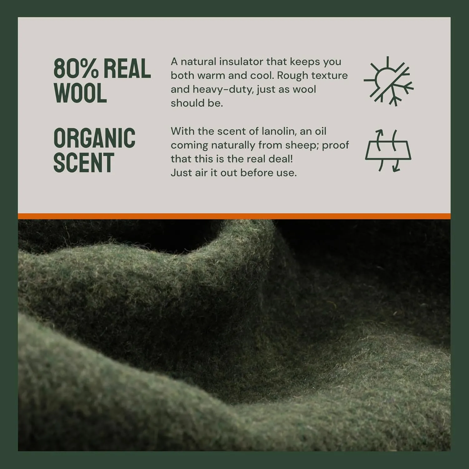 Woolly Mammoth Merino Wool Blanket - Large 66" x 90", 4LBS Camp Blanket | Thick Throw for Cold Weather, Emergency, Camping, Hiking, Survival, Army, Home, Outdoor, Twin Size Bed, Hunter Green