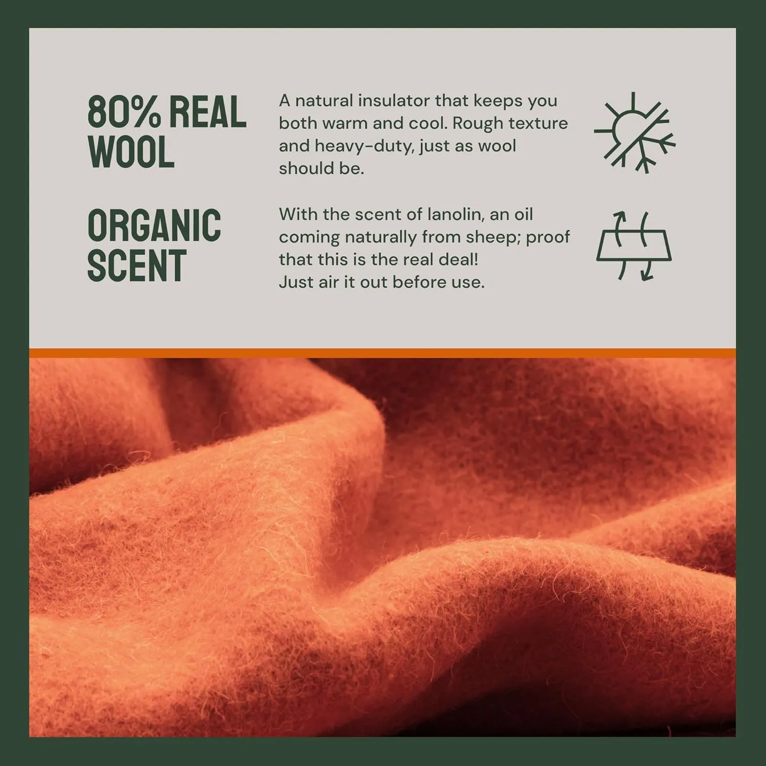 Woolly Mammoth Merino Wool Blanket - Large 66" x 90", 4LBS Camp Blanket | Throw for The Cabin, Cold Weather, Emergency, Dog Camping Gear, Hiking, Survival, Army, Outside, Outdoors, Twin Size, Orange