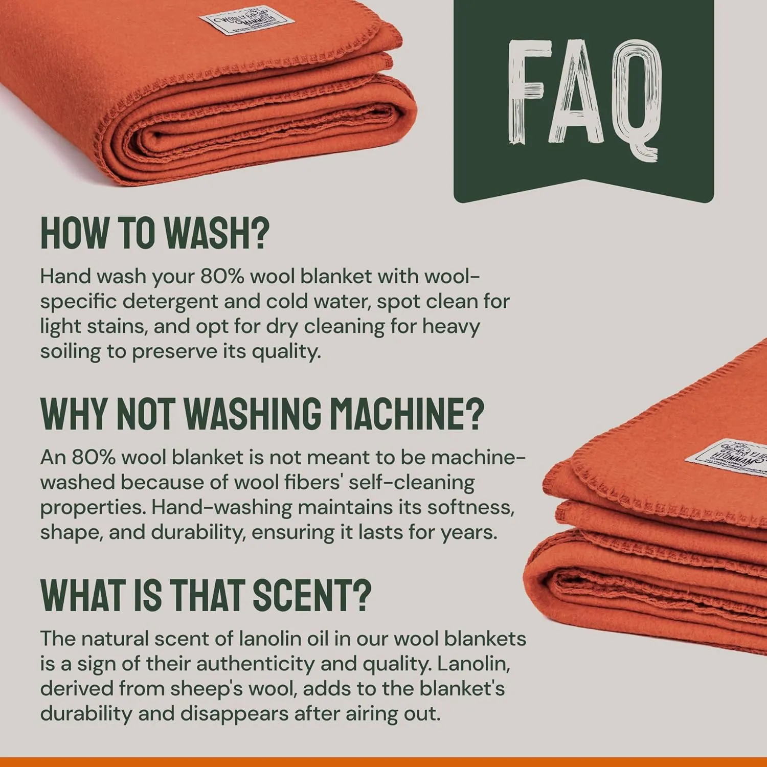 Woolly Mammoth Merino Wool Blanket - Large 66" x 90", 4LBS Camp Blanket | Throw for The Cabin, Cold Weather, Emergency, Dog Camping Gear, Hiking, Survival, Army, Outside, Outdoors, Twin Size, Orange