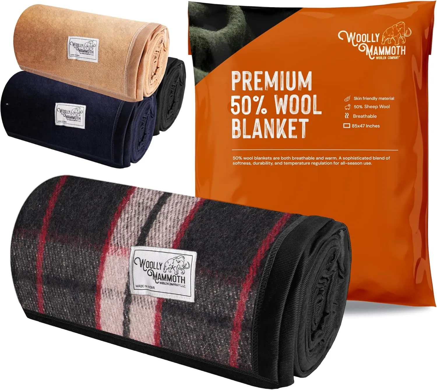 Woolly Mammoth Wool Blanket, Warm & Thick 50% Wool Blankets - Machine-Washable, Travel Blanket, Warm Winter Outdoor Blanket - 85" x 47" Grey/White/Red