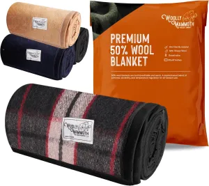 Woolly Mammoth Wool Blanket, Warm & Thick 50% Wool Blankets - Machine-Washable, Travel Blanket, Warm Winter Outdoor Blanket - 85" x 47" Grey/White/Red