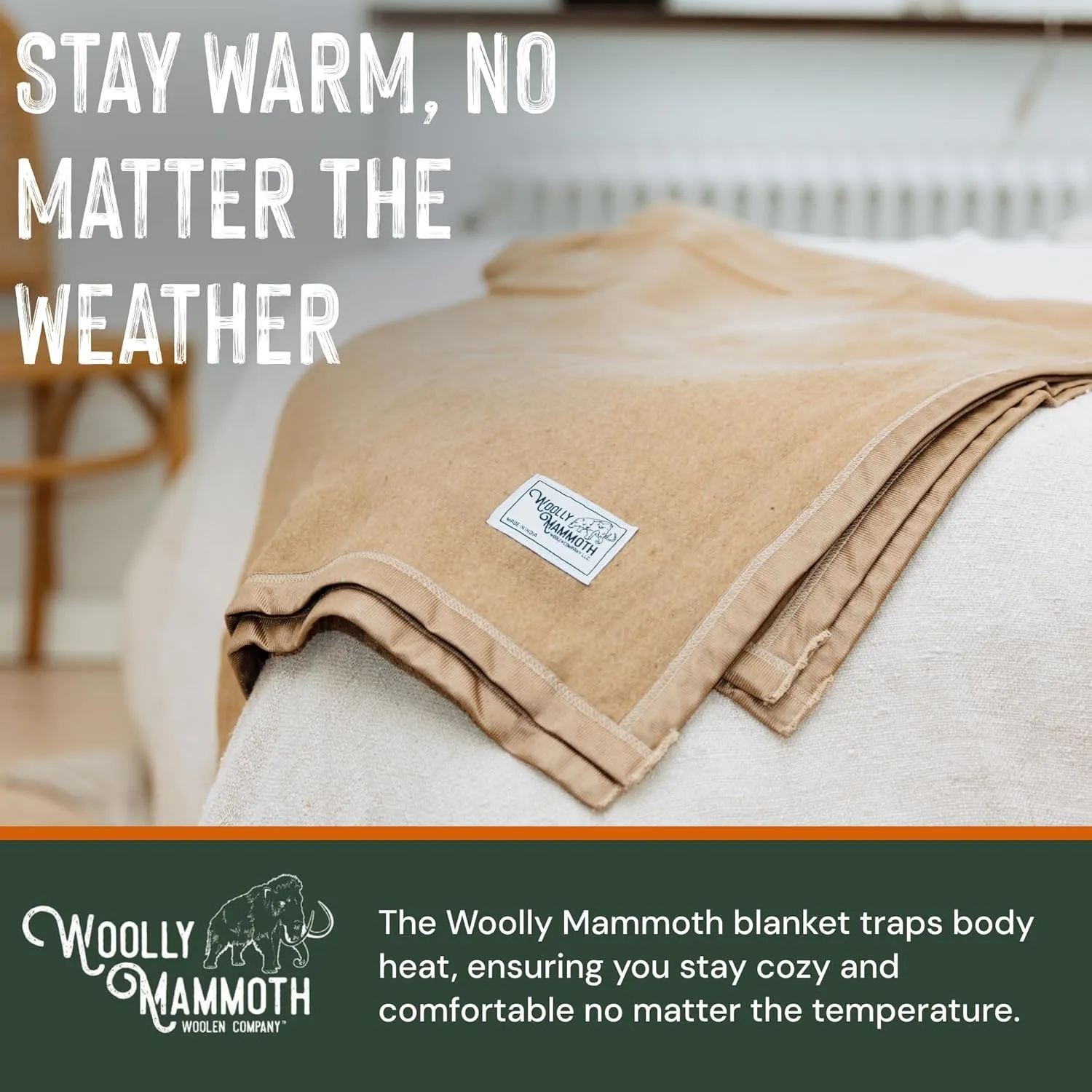 Woolly Mammoth Wool Blanket, Warm & Thick 50% Wool Picnic Blankets - Machine-Washable, Travel Blanket, Warm Winter Outdoor Blanket - 85" x 47" Grey
