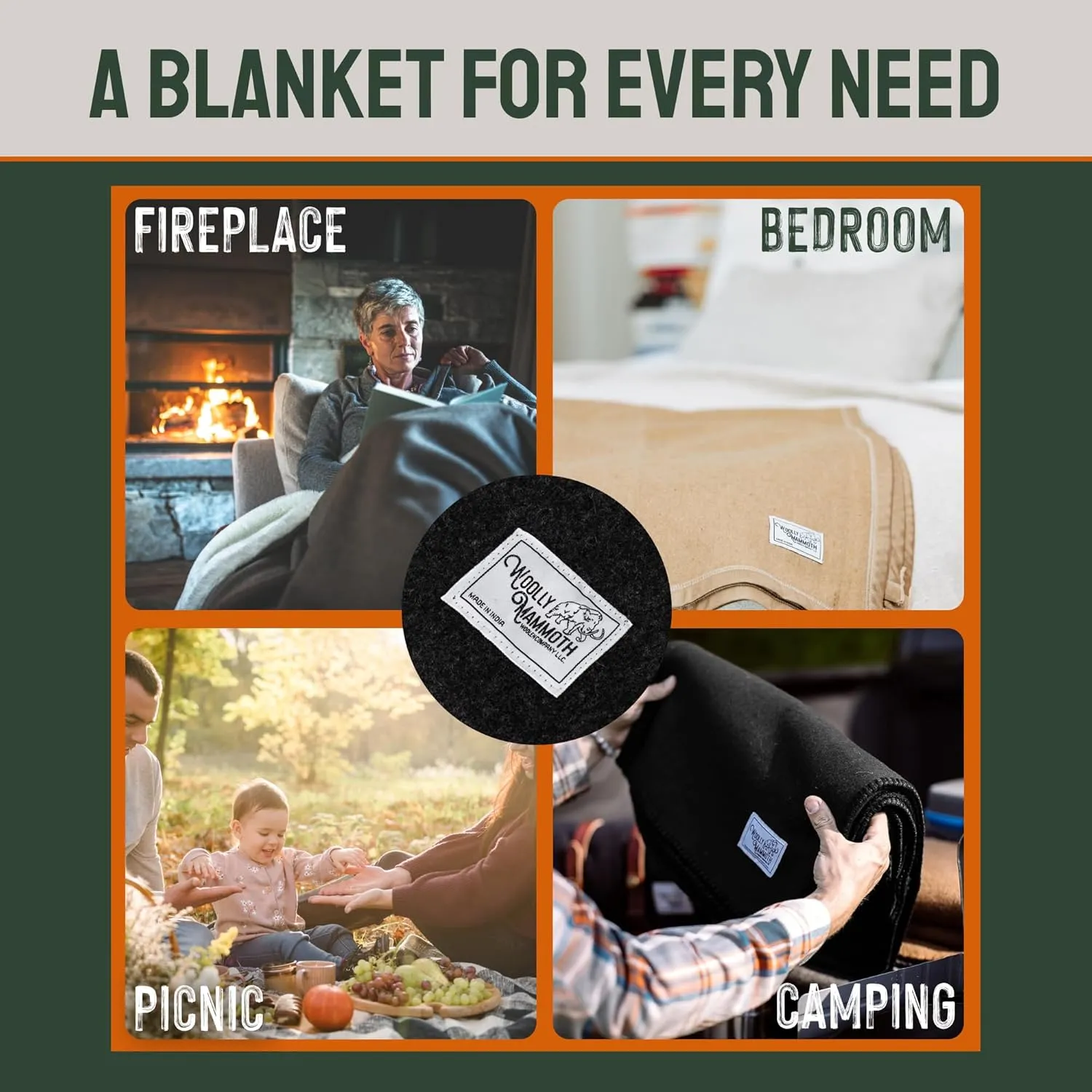 Woolly Mammoth Wool Blanket, Warm & Thick 50% Wool Picnic Blankets - Machine-Washable, Travel Blanket, Warm Winter Outdoor Blanket - 85" x 47" Grey