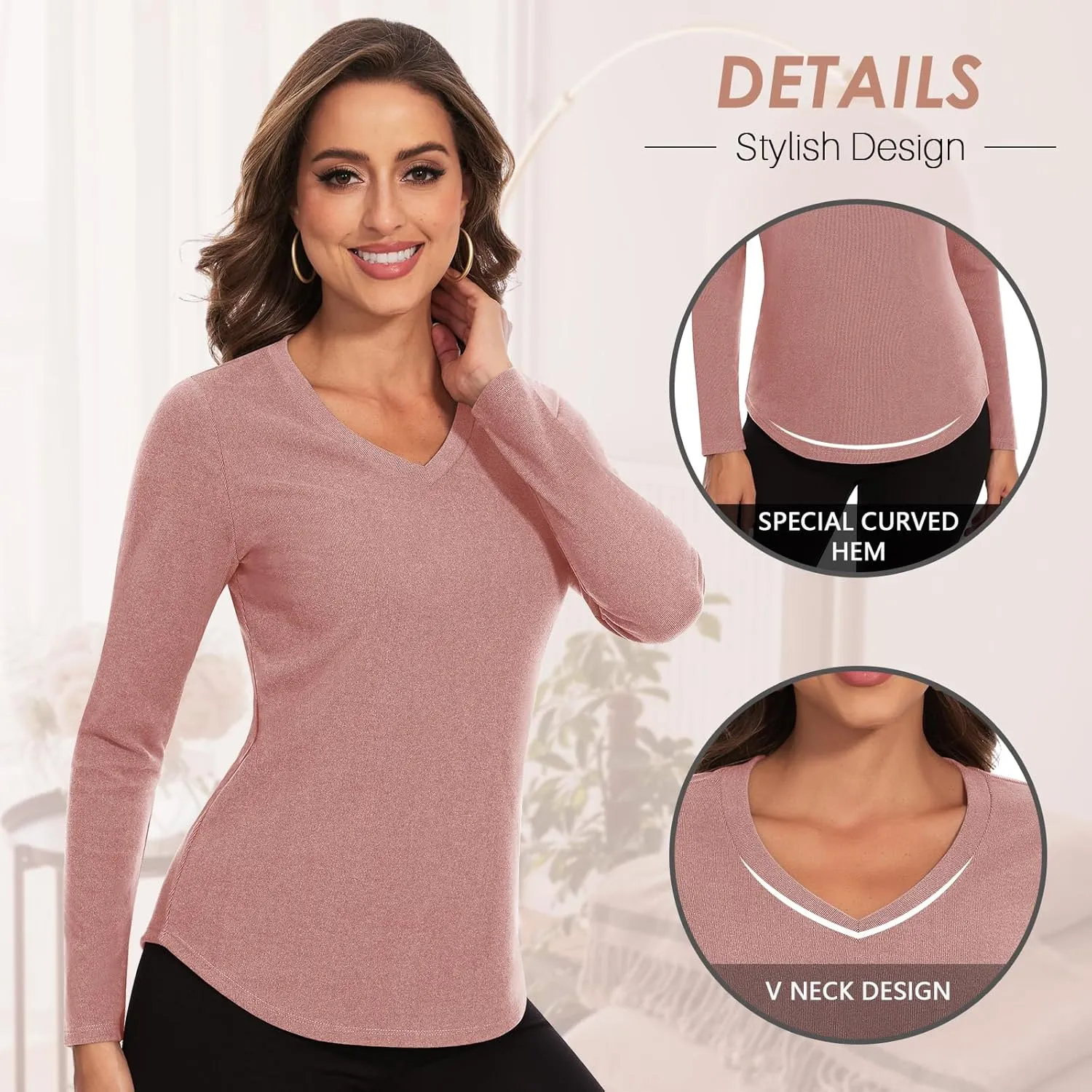 WOWENY Women's V Neck Long Sleeve Thermal Shirts Fleece Pullover Top Soft Base Layer Undershirts Basic Cold Weather