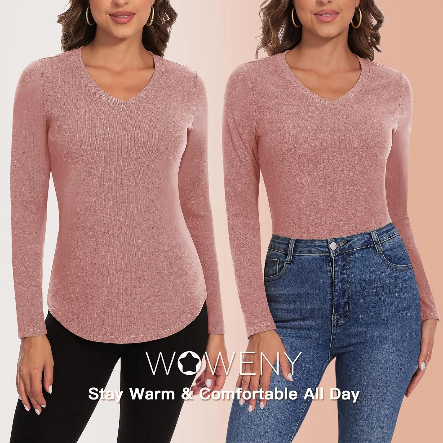 WOWENY Women's V Neck Long Sleeve Thermal Shirts Fleece Pullover Top Soft Base Layer Undershirts Basic Cold Weather