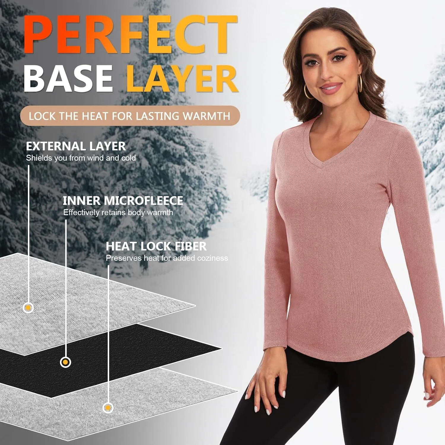 WOWENY Women's V Neck Long Sleeve Thermal Shirts Fleece Pullover Top Soft Base Layer Undershirts Basic Cold Weather