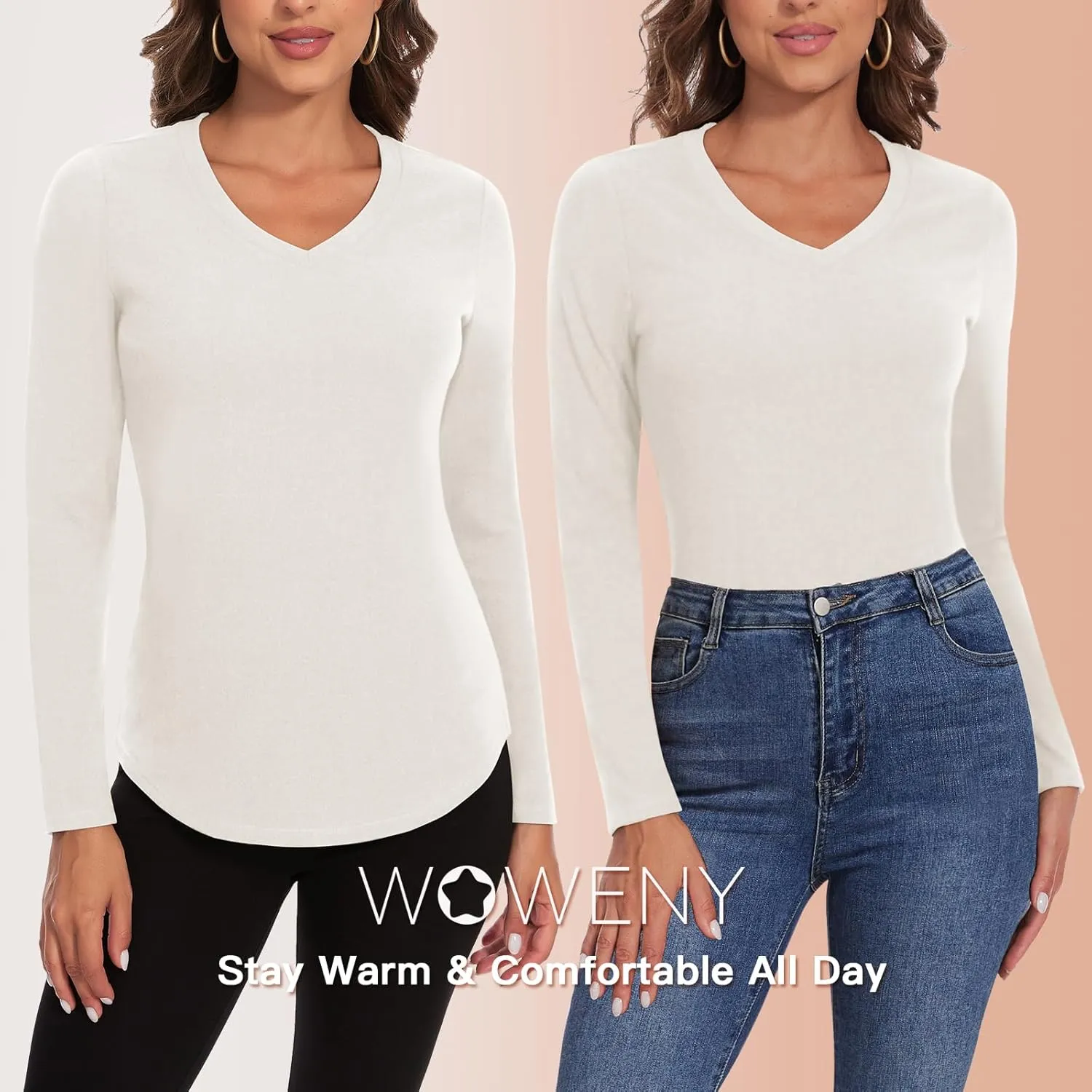 WOWENY Women's V Neck Long Sleeve Thermal Shirts Fleece Pullover Top Soft Base Layer Undershirts Basic Cold Weather