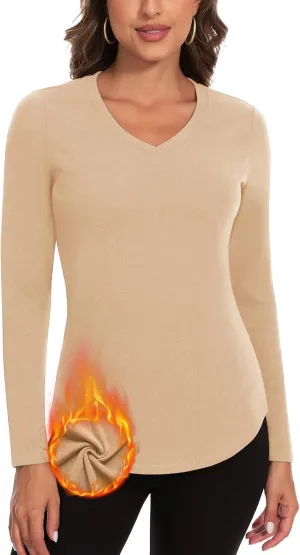 WOWENY Women's V Neck Long Sleeve Thermal Shirts Fleece Pullover Top Soft Base Layer Undershirts Basic Cold Weather