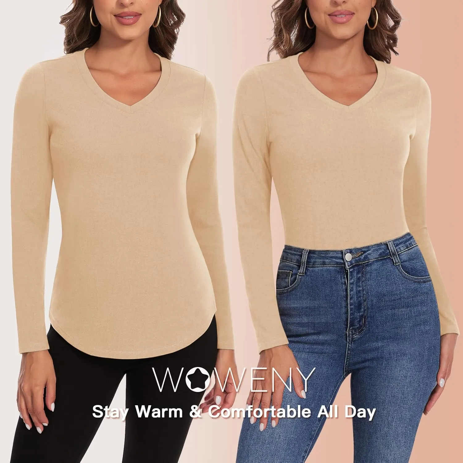 WOWENY Women's V Neck Long Sleeve Thermal Shirts Fleece Pullover Top Soft Base Layer Undershirts Basic Cold Weather