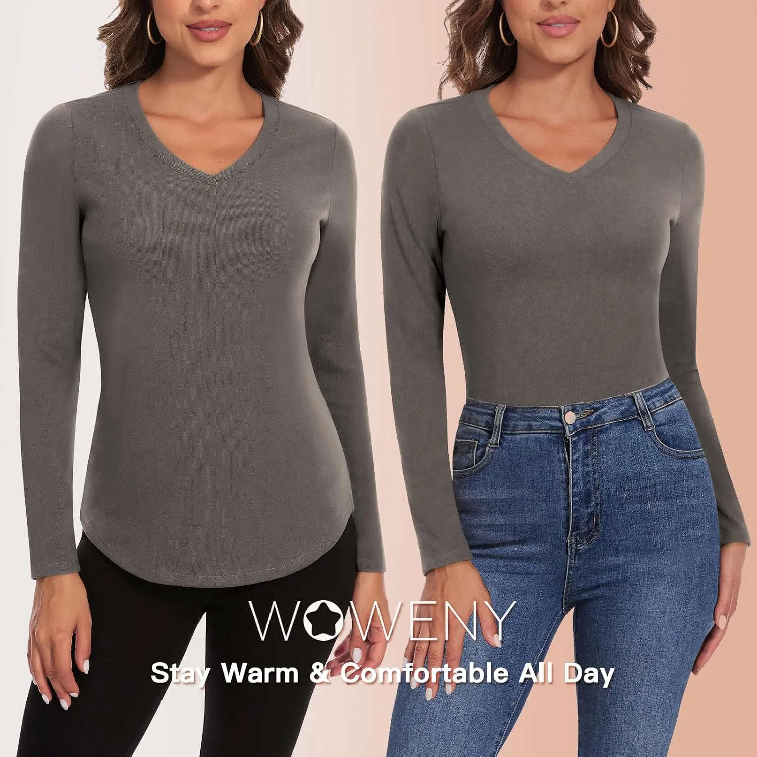 WOWENY Women's V Neck Long Sleeve Thermal Shirts Fleece Pullover Top Soft Base Layer Undershirts Basic Cold Weather