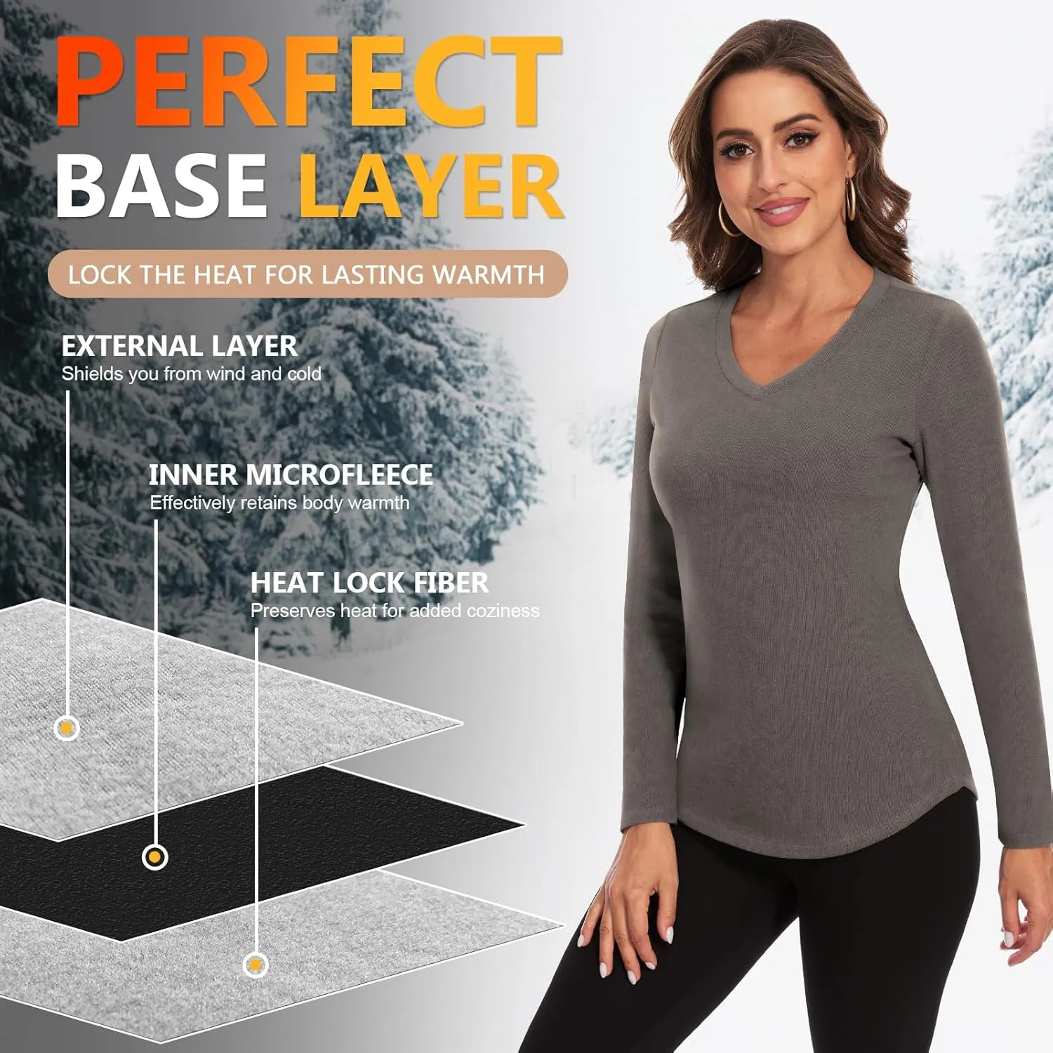 WOWENY Women's V Neck Long Sleeve Thermal Shirts Fleece Pullover Top Soft Base Layer Undershirts Basic Cold Weather