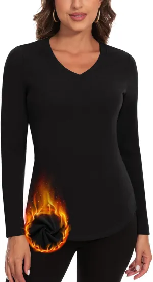 WOWENY Women's V Neck Long Sleeve Thermal Shirts Fleece Pullover Top Soft Base Layer Undershirts Basic Cold Weather