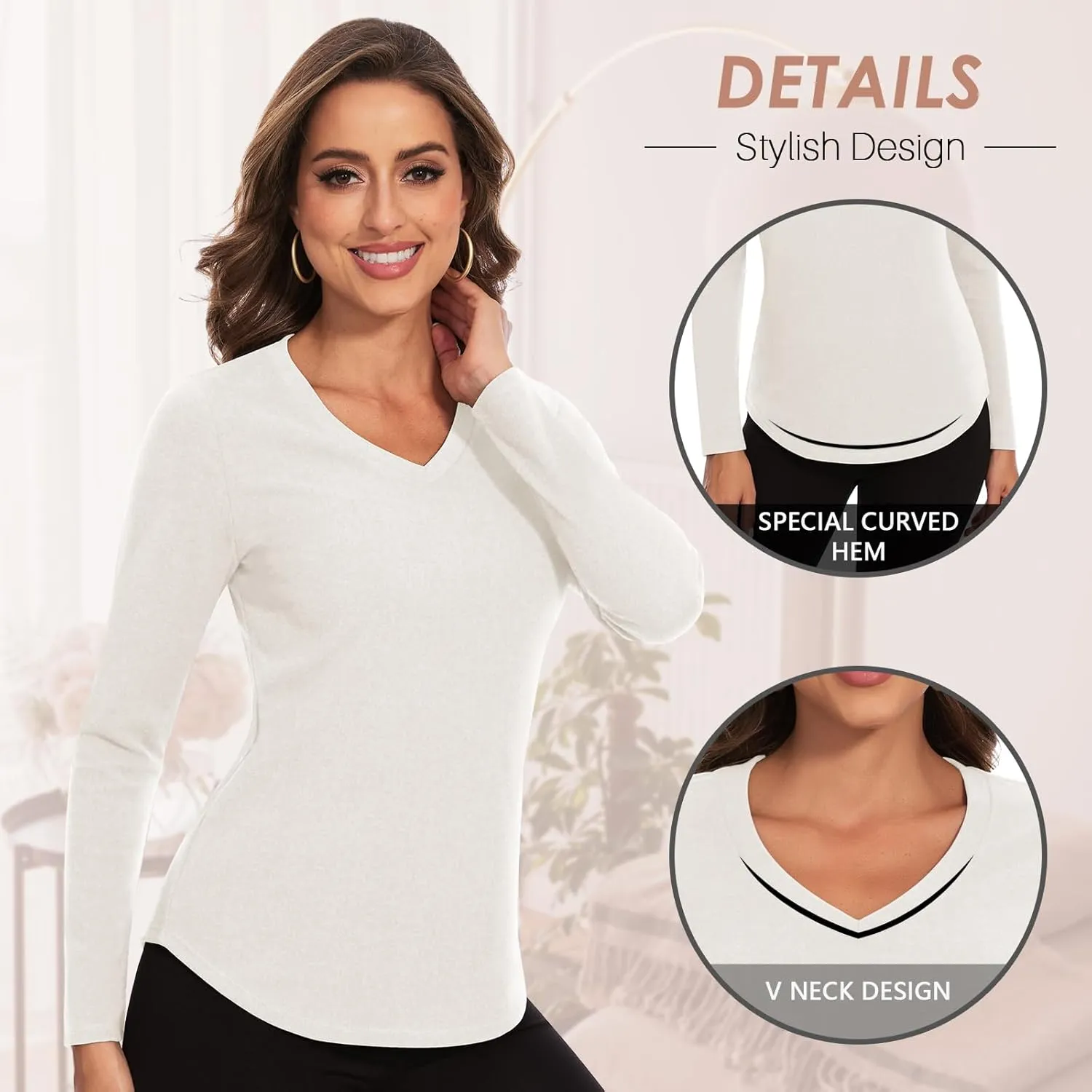 WOWENY Women's V Neck Long Sleeve Thermal Shirts Fleece Pullover Top Soft Base Layer Undershirts Basic Cold Weather