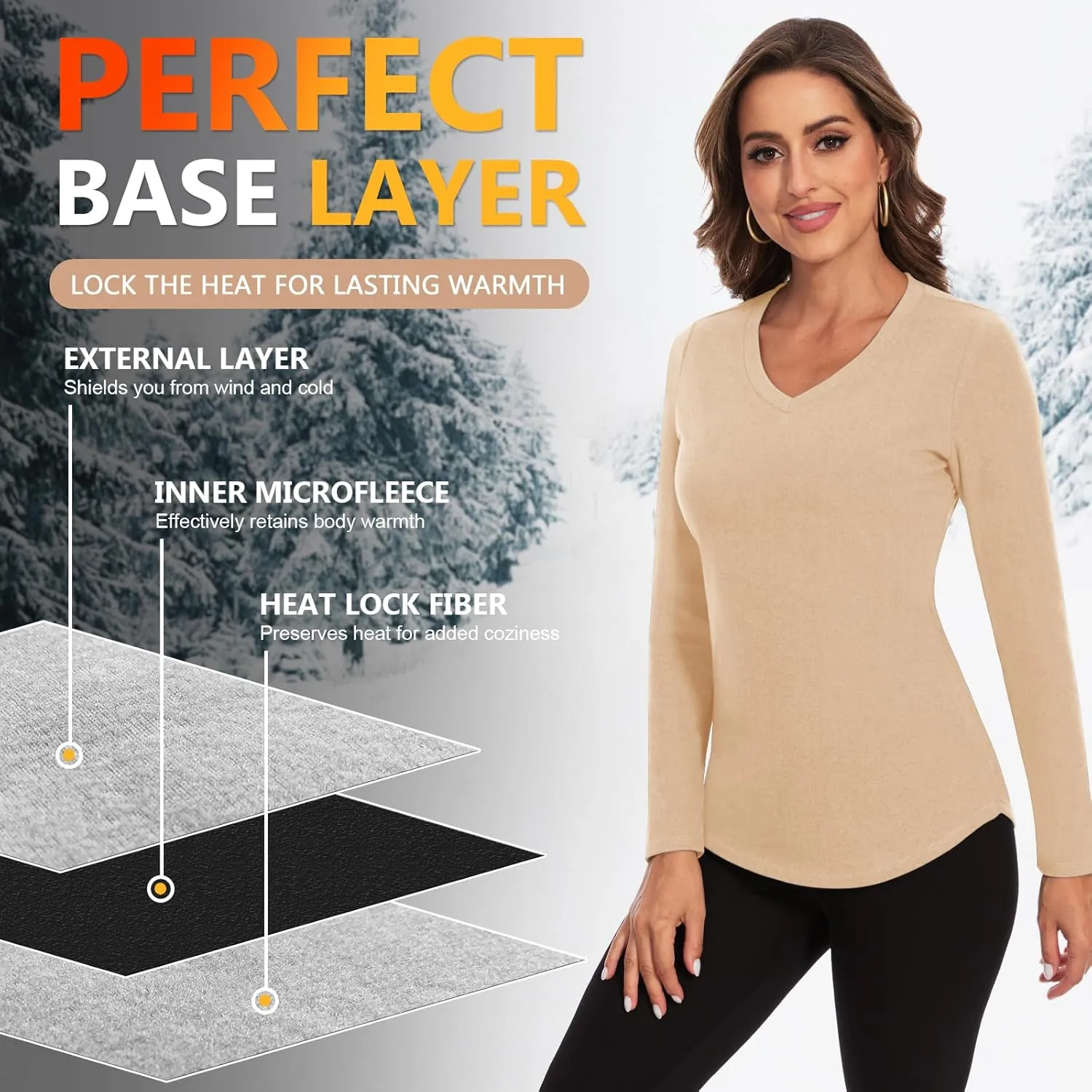 WOWENY Women's V Neck Long Sleeve Thermal Shirts Fleece Pullover Top Soft Base Layer Undershirts Basic Cold Weather