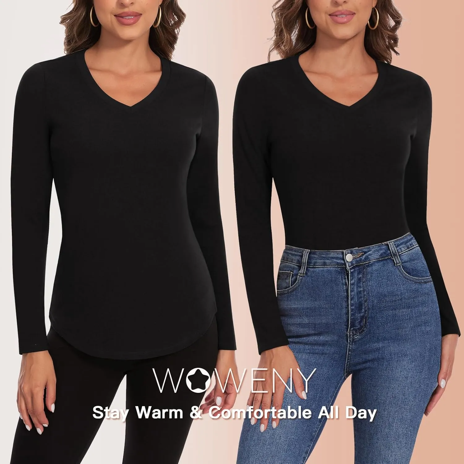 WOWENY Women's V Neck Long Sleeve Thermal Shirts Fleece Pullover Top Soft Base Layer Undershirts Basic Cold Weather