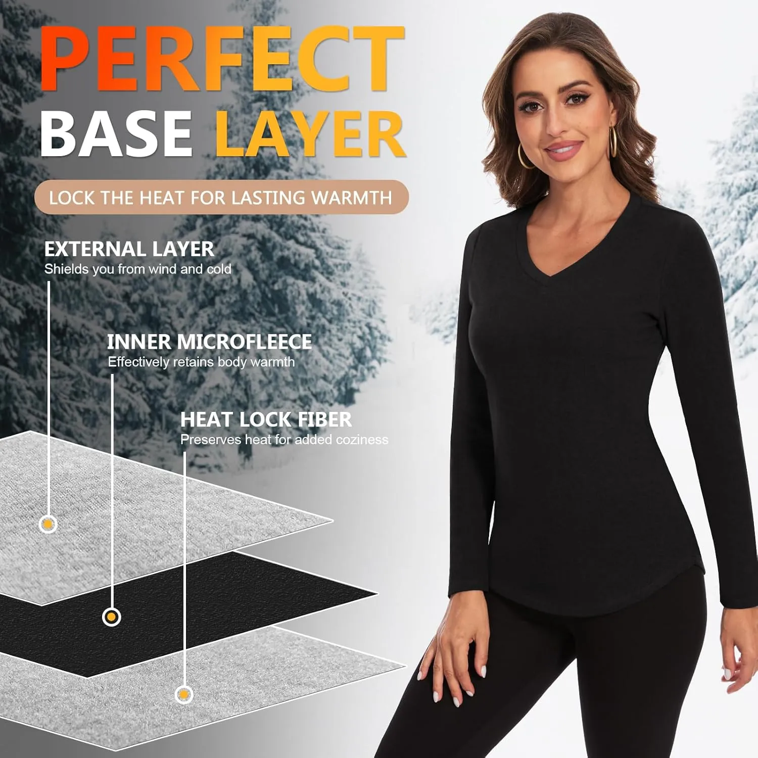 WOWENY Women's V Neck Long Sleeve Thermal Shirts Fleece Pullover Top Soft Base Layer Undershirts Basic Cold Weather